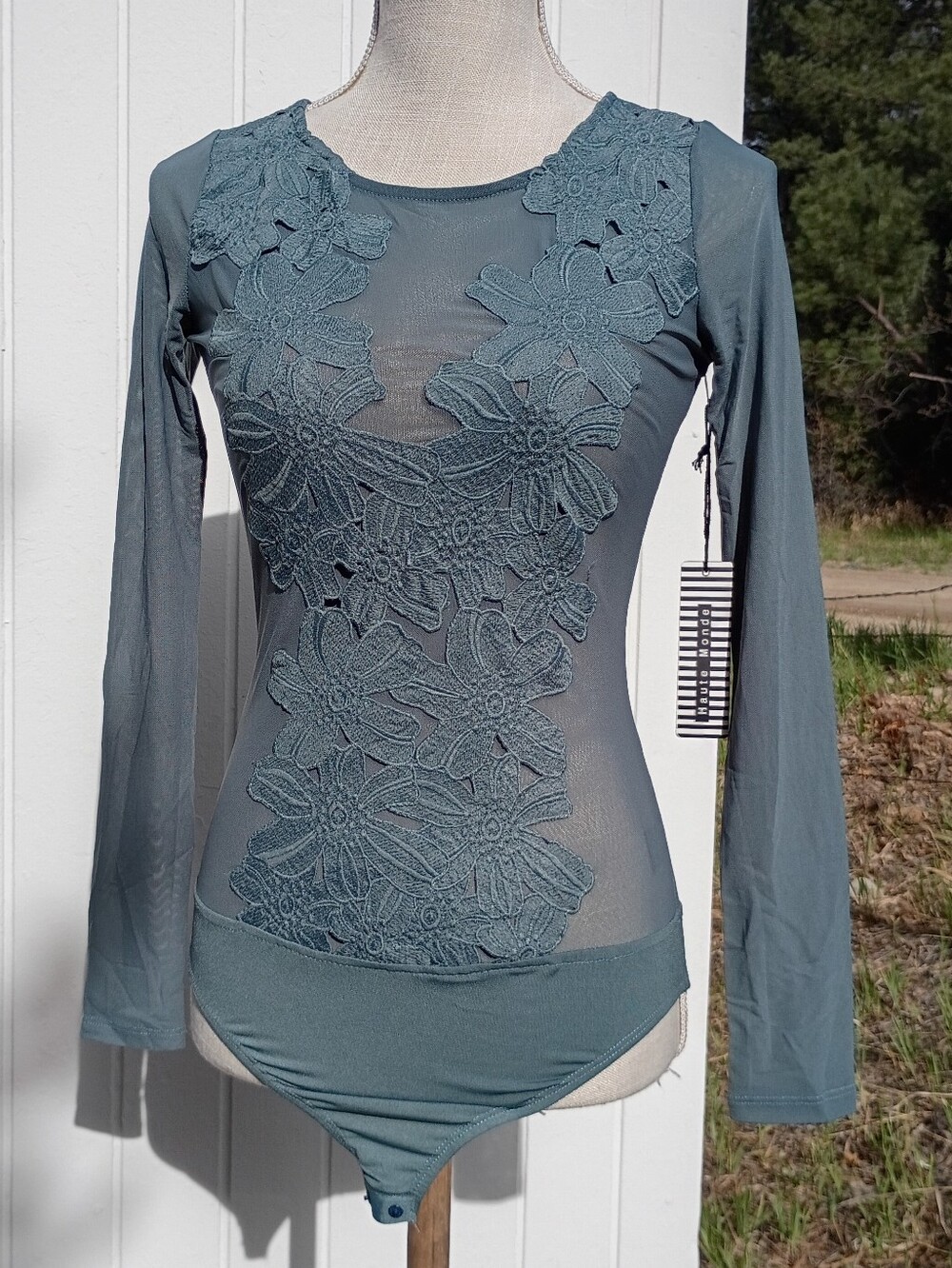 NWT Blue Floral Embroidered Mesh Bodysuit One Piece with Keyhole Back
